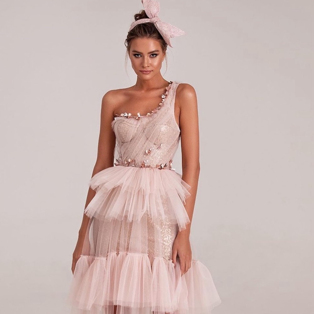 Milla Pink One-Shoulder Mini Dress With Ruffled Skirt. Size XL